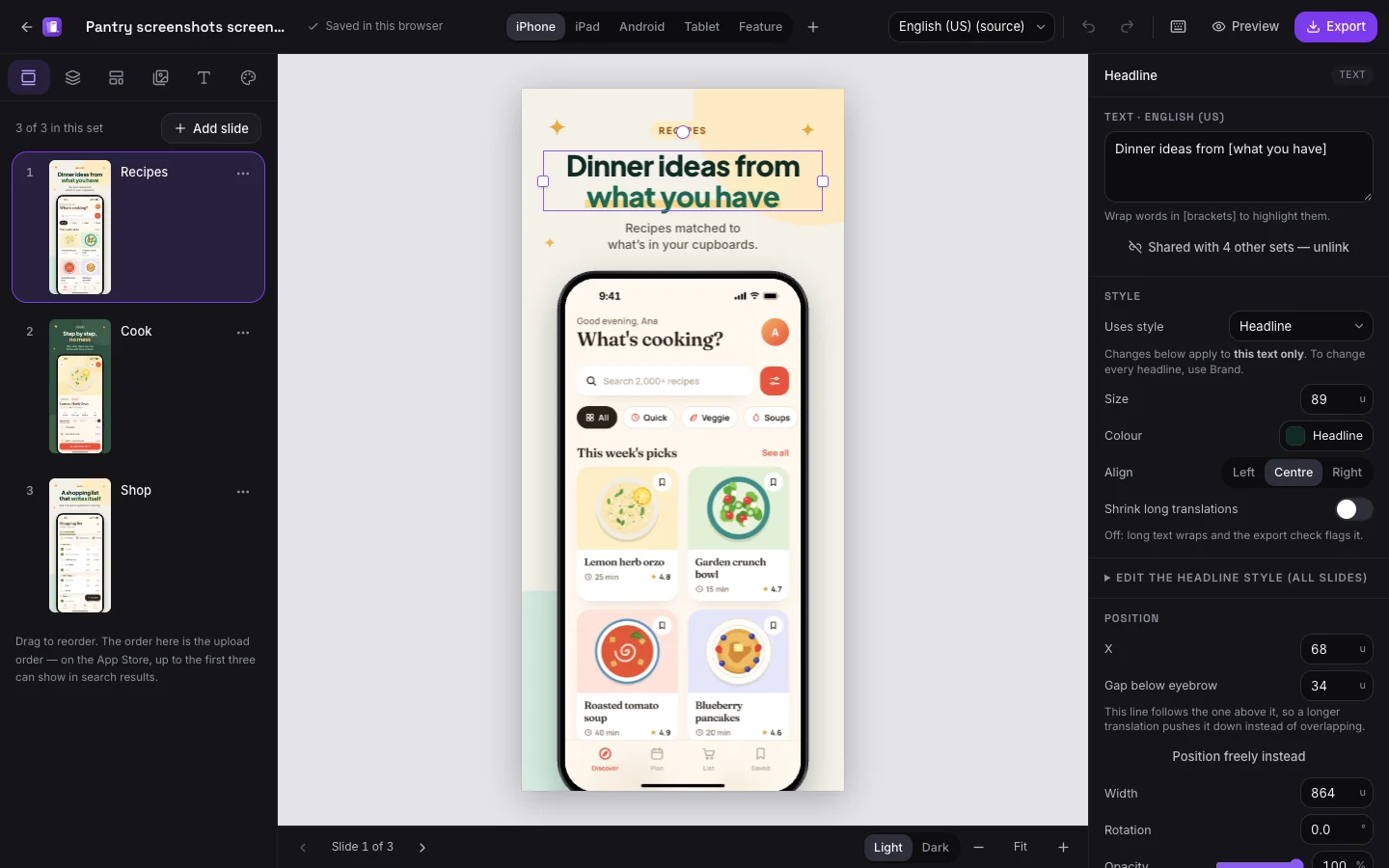 The Screenshot Studio editor: slide list, canvas with a phone screenshot, and the inspector